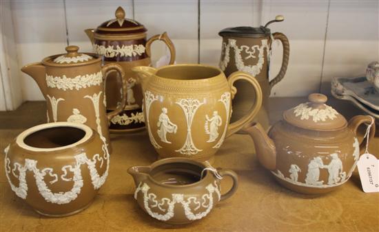 Copeland Late Spode brown & cream relief-decorated coffee pot, similar jug & 5 similar items by Dudson etc (7,1 pewter-lidded)